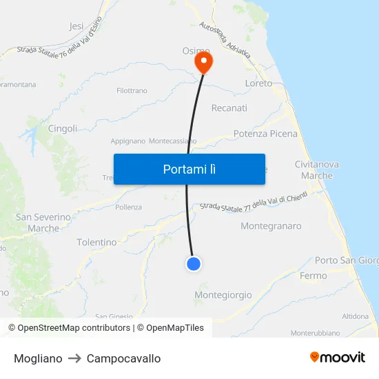 Mogliano to Campocavallo map