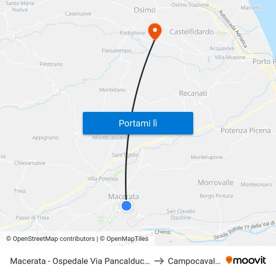 Macerata - Ospedale Via Pancalducci to Campocavallo map