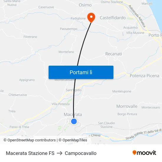 Macerata Stazione FS to Campocavallo map
