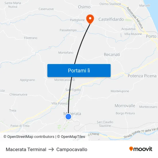 Macerata Terminal to Campocavallo map