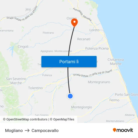 Mogliano to Campocavallo map