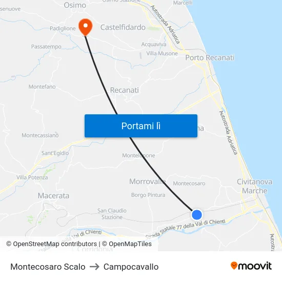 Montecosaro Scalo to Campocavallo map