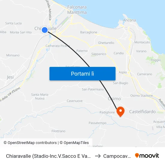 Chiaravalle (Stadio-Inc.V.Sacco E Vanzetti) to Campocavallo map