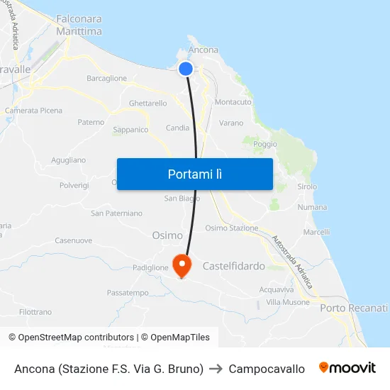 Ancona (Stazione F.S. Via G. Bruno) to Campocavallo map