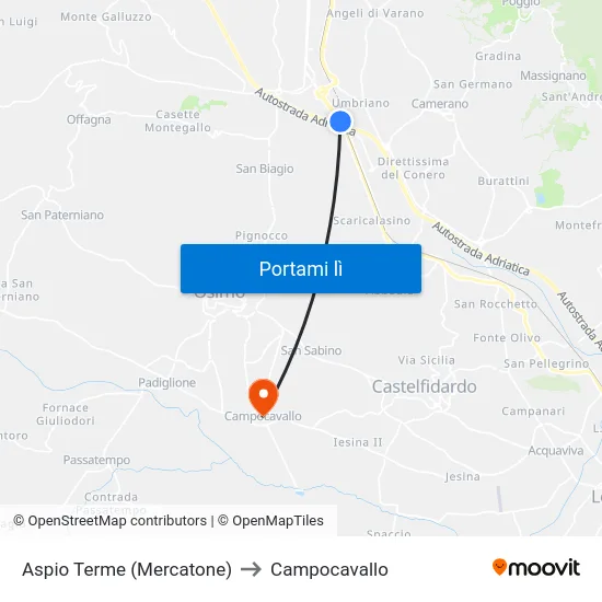 Aspio Terme (Mercatone) to Campocavallo map