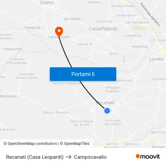 Recanati (Casa Leopardi) to Campocavallo map