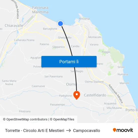 Torrette - Circolo Arti E Mestieri to Campocavallo map