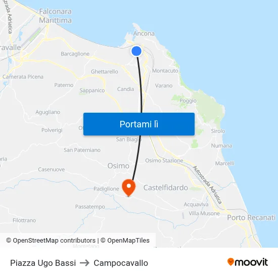 Piazza Ugo Bassi to Campocavallo map