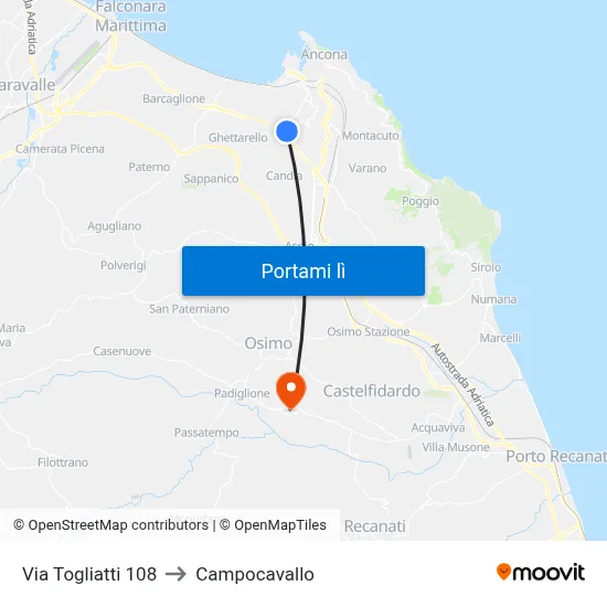 Via Togliatti 108 to Campocavallo map