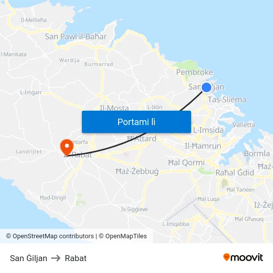 San Ġiljan to Rabat map