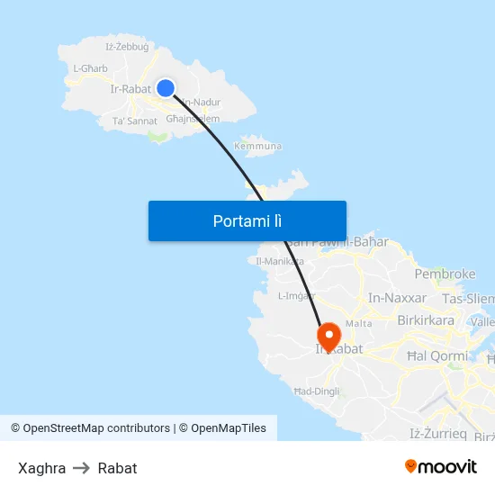 Xaghra to Rabat map
