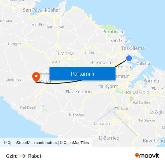 Gzira to Rabat map