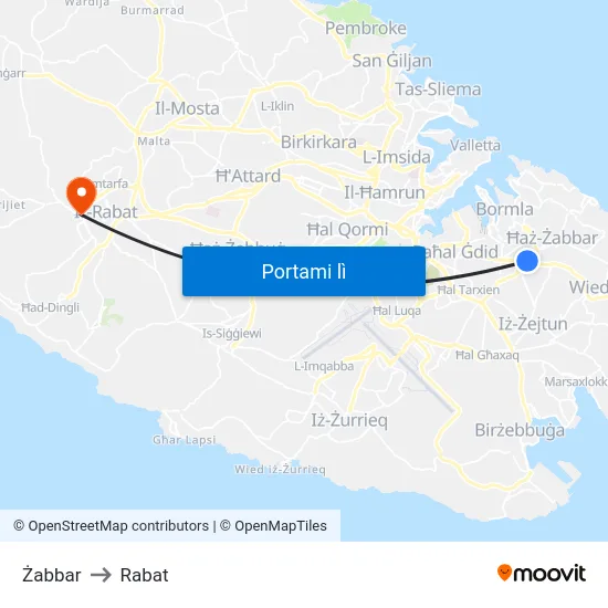 Żabbar to Rabat map