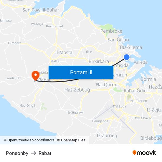 Ponsonby to Rabat map