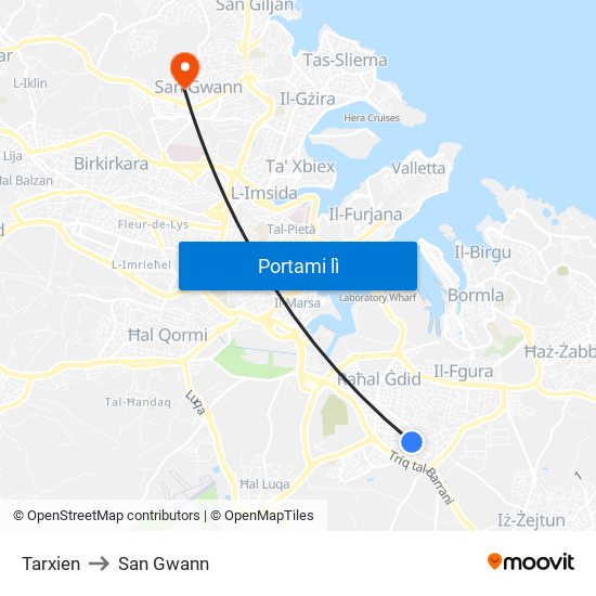 Tarxien to San Gwann map