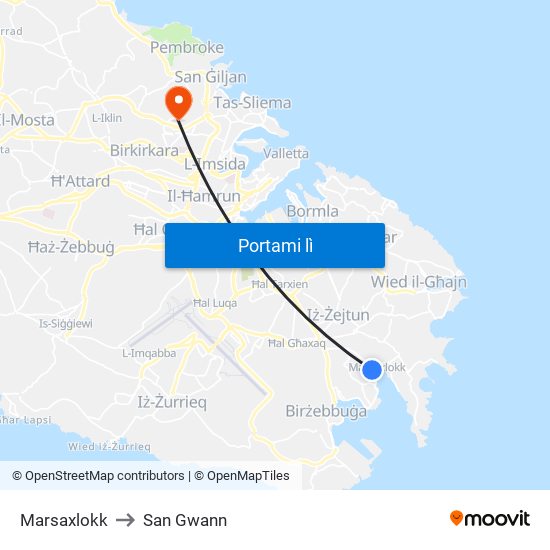 Marsaxlokk to San Gwann map