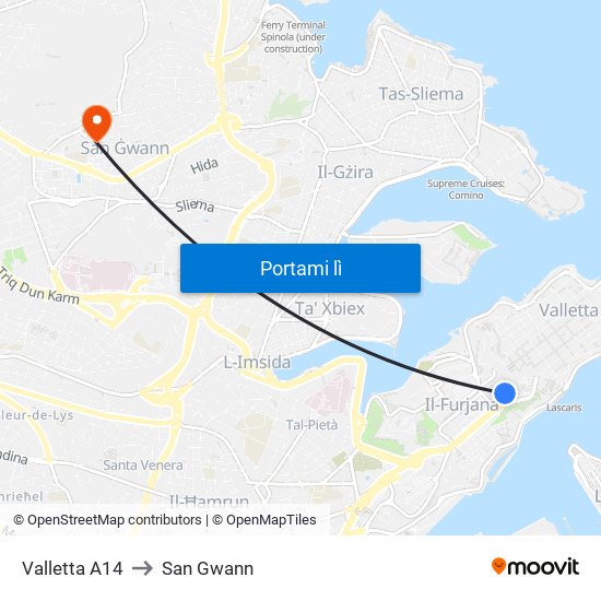 Valletta A14 to San Gwann map