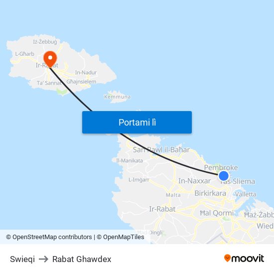 Swieqi to Rabat Ghawdex map