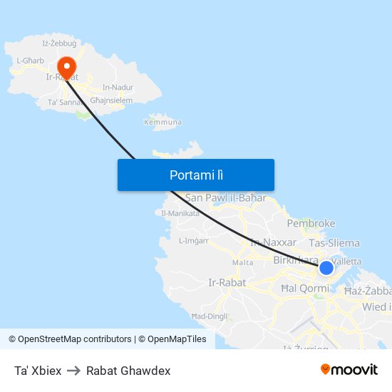 Ta' Xbiex to Rabat Ghawdex map