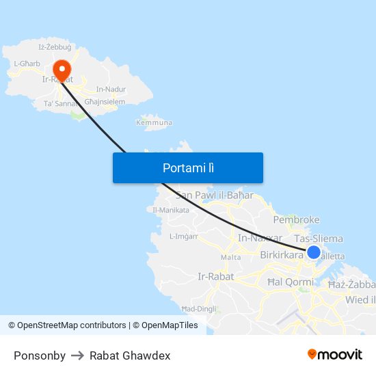 Ponsonby to Rabat Ghawdex map