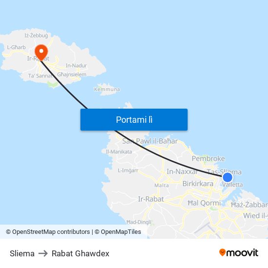 Sliema to Rabat Ghawdex map