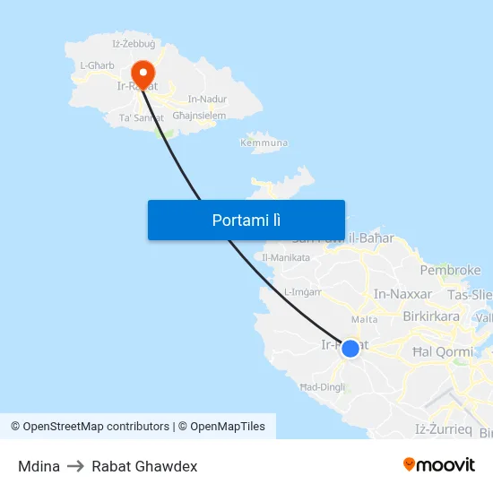 Mdina to Rabat Ghawdex map