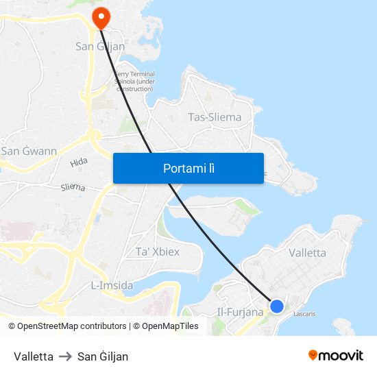 Valletta to San Ġiljan map