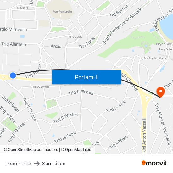 Pembroke to San Ġiljan map
