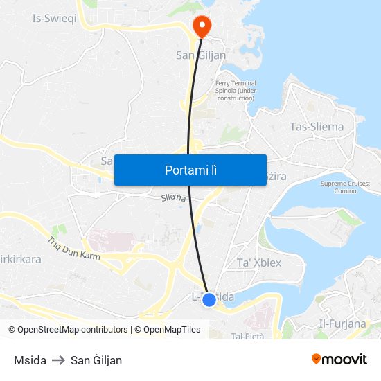 Msida to San Ġiljan map