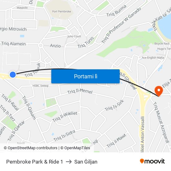 Pembroke Park & Ride 1 to San Ġiljan map
