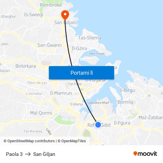 Paola 3 to San Ġiljan map