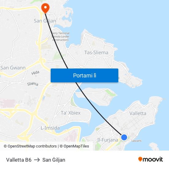 Valletta B6 to San Ġiljan map