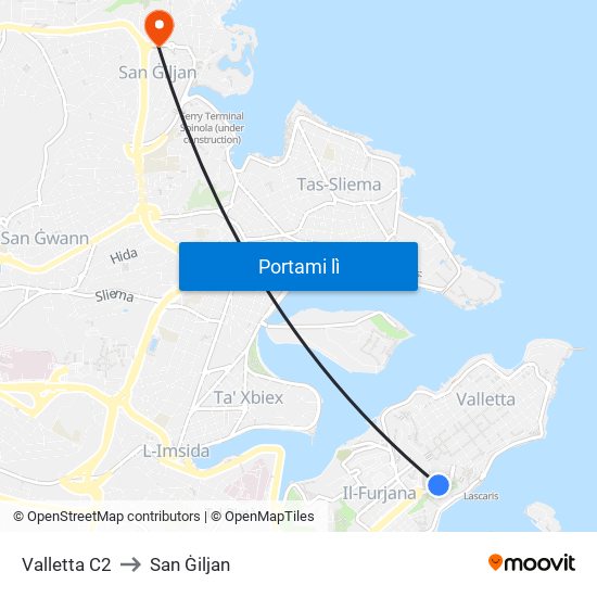 Valletta C2 to San Ġiljan map
