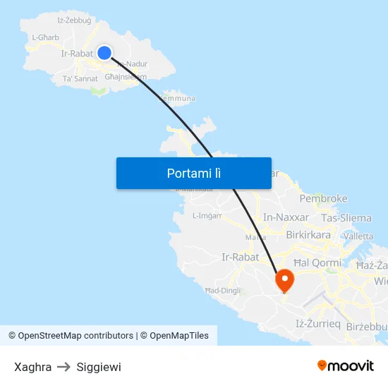 Xaghra to Siggiewi map