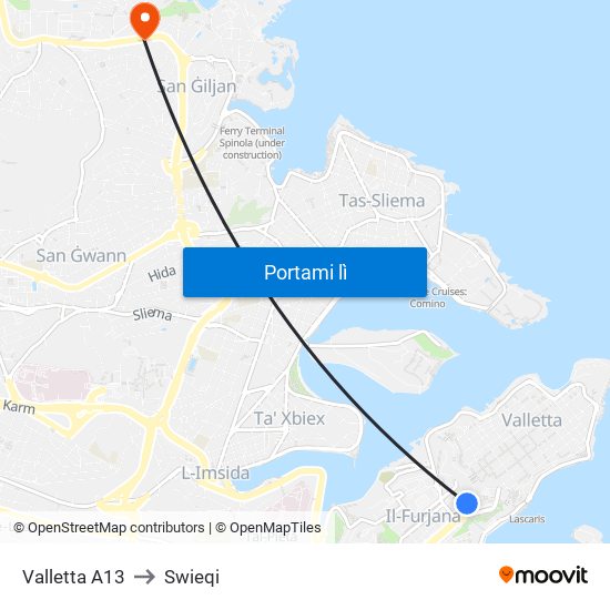Valletta A13 to Swieqi map