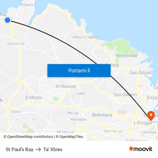 St Paul's Bay to Ta' Xbiex map