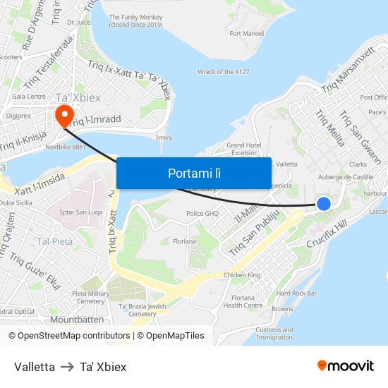 Valletta to Ta' Xbiex map