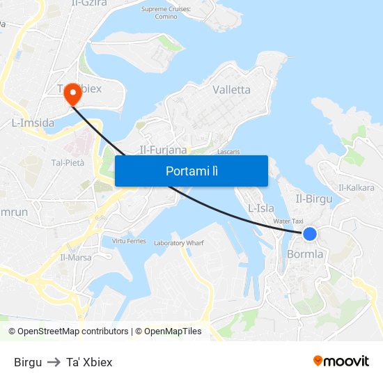 Birgu to Ta' Xbiex map