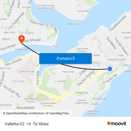 Valletta C2 to Ta' Xbiex map