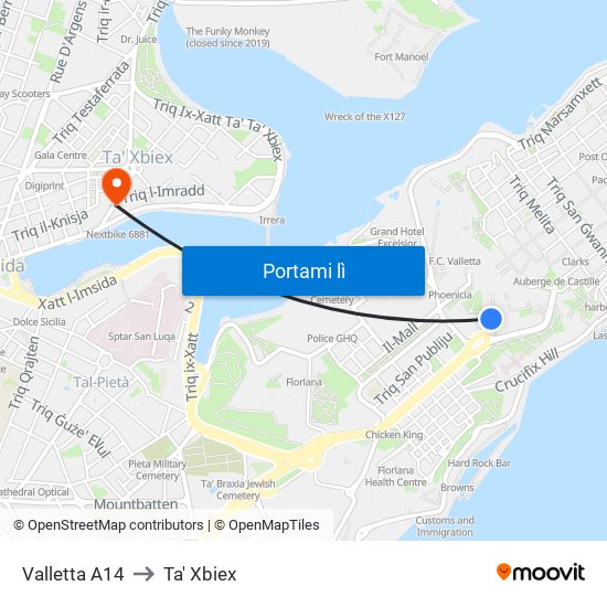 Valletta A14 to Ta' Xbiex map