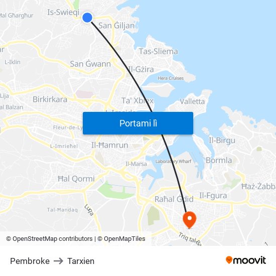 Pembroke to Tarxien map