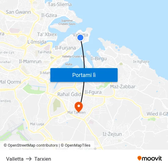 Valletta to Tarxien map