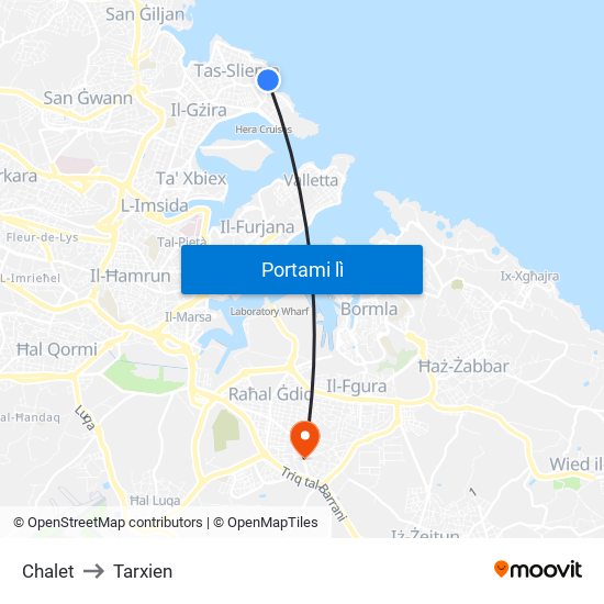 Chalet to Tarxien map