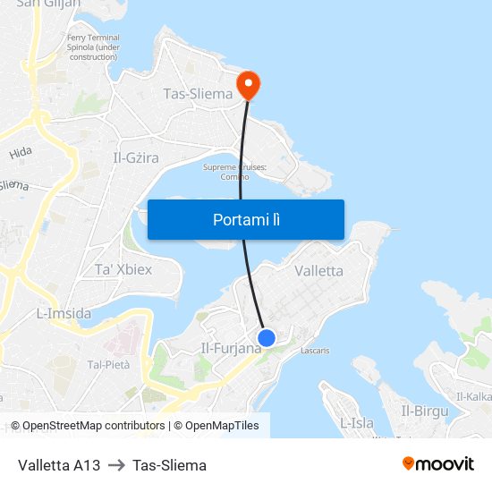 Valletta A13 to Tas-Sliema map