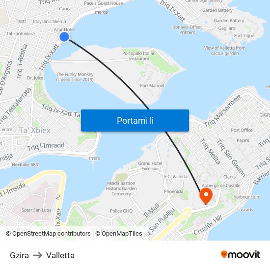 Gzira to Valletta map