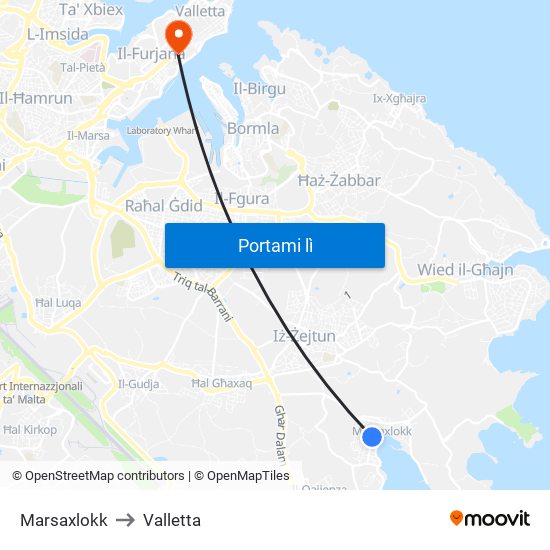 Marsaxlokk to Valletta map