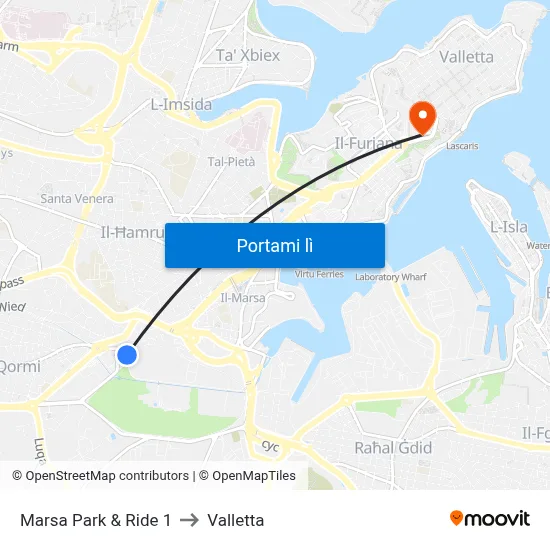 Marsa Park & Ride 1 to Valletta map