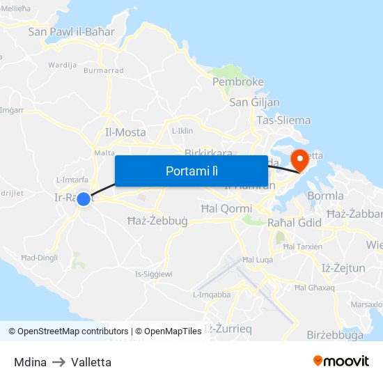Mdina to Valletta map