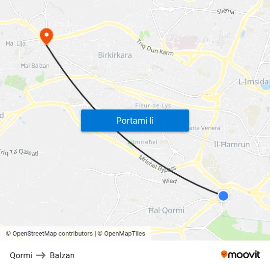 Qormi to Balzan map