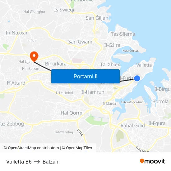 Valletta B6 to Balzan map